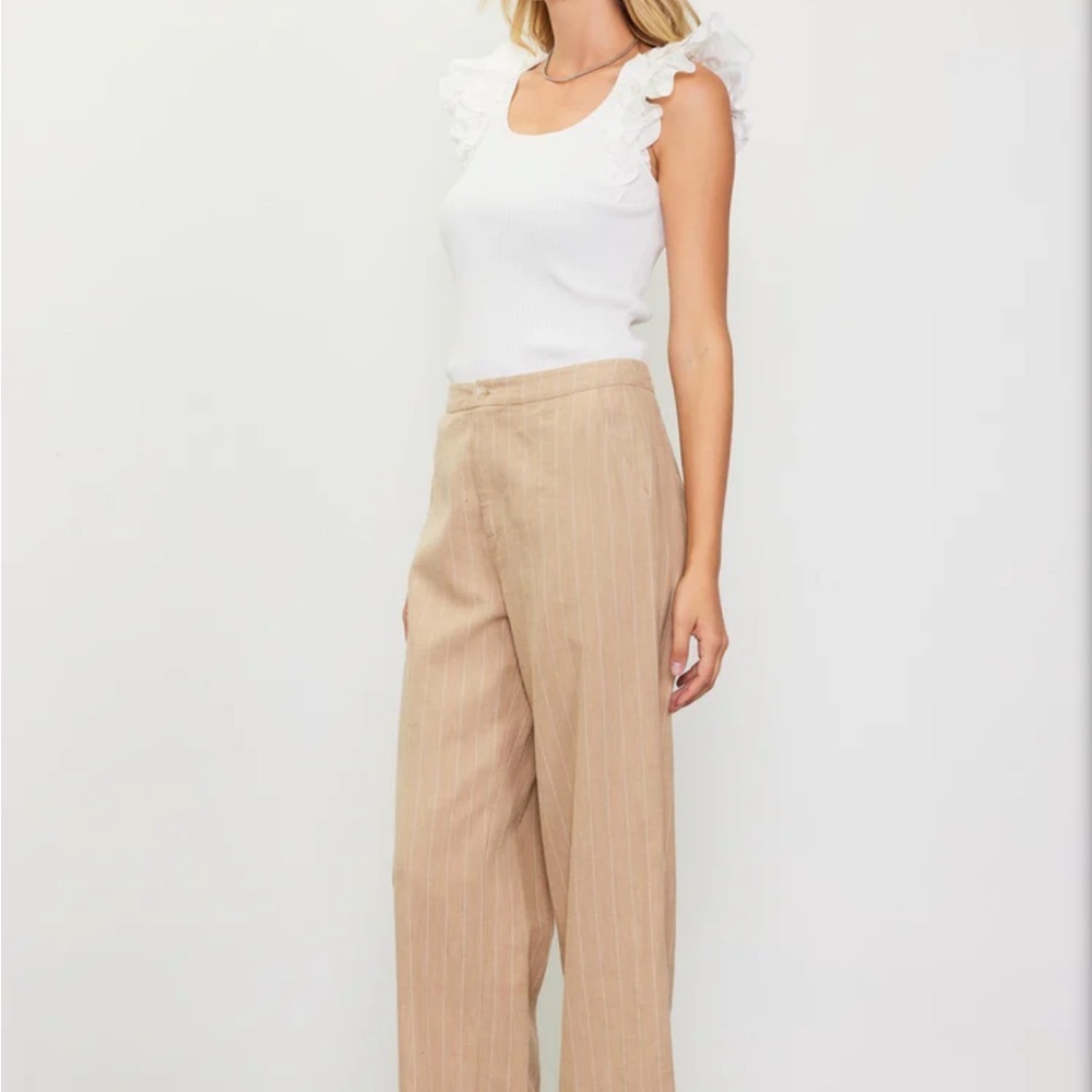 Skies Are Blue Small Tan Linen Cropped High Rise Pin Striped Pants‎ 73976 Latte - Picture 4 of 11